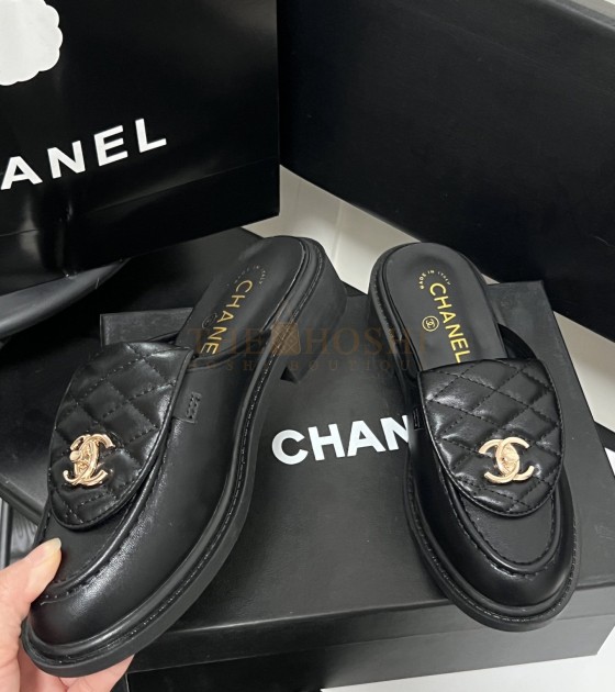 Ch**el Quilted Slip-On Black Loafer Mules Lamskin Leaher