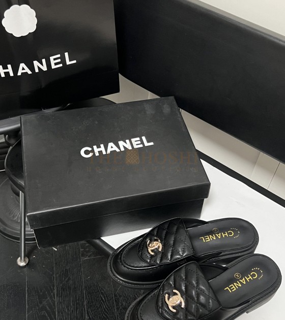 Ch**el Quilted Slip-On Black Loafer Mules Lamskin Leaher