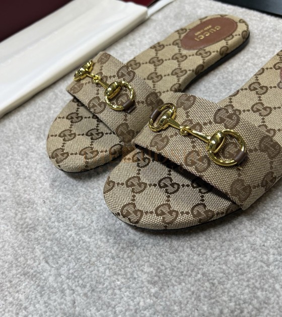 Gvc*1 Horsebit Flat Sandals Beige Ebony GG Canvas Size 36-42 Master Quality