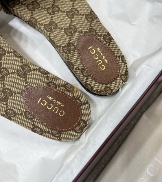 Gvc*1 Horsebit Flat Sandals Beige Ebony GG Canvas Size 36-42 Master Quality