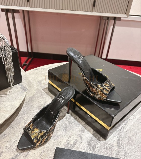 Chr1st1an Louboutin CL Pointed-Toe Heels Glossy Calfskin with Leopard Sequins Black Size Women