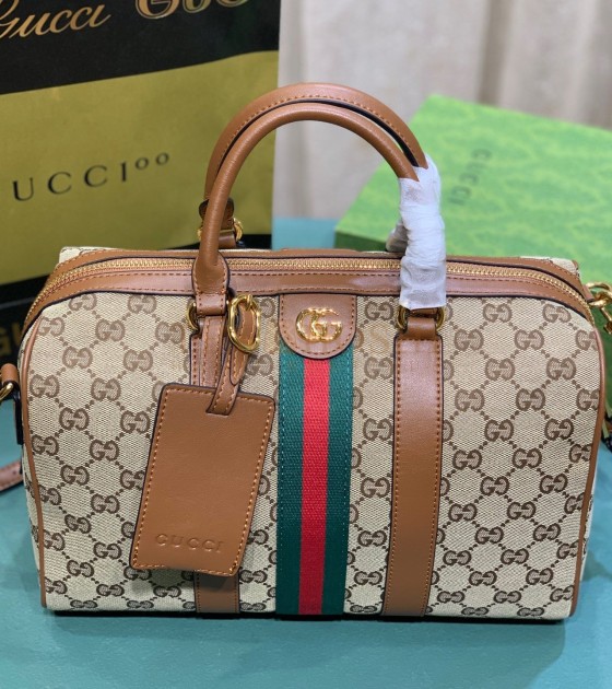 Gvc*1 Ophidia Pillow Bag 30x16x20cm Canvas Red/Green Web Leather Trim Master Quality