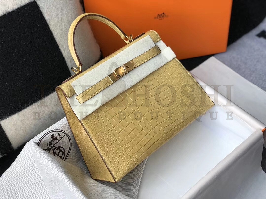 H**me5 Kelly 28cm Bag In Jaune Poussin Embossed Crocodile GHW Master Quality