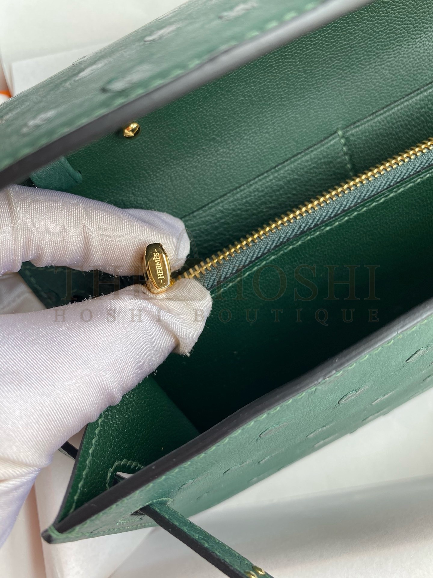 H**me5 Kelly Classique To Go Wallet in Malachite Ostrich Leather Master Quality