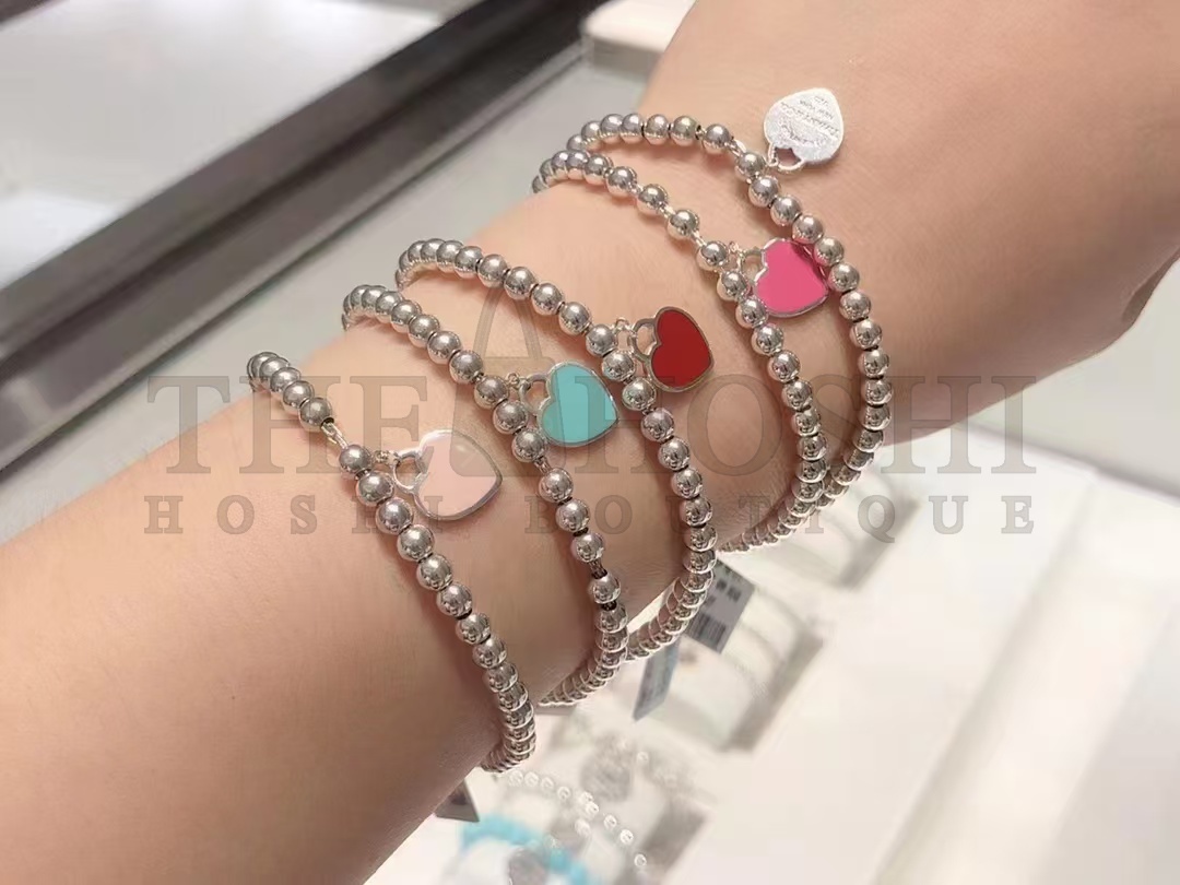 T*f*ny  T*f*ny& CO. Pink Heart Tag Bead Bracelet in Silver, 4 mm Master Quality