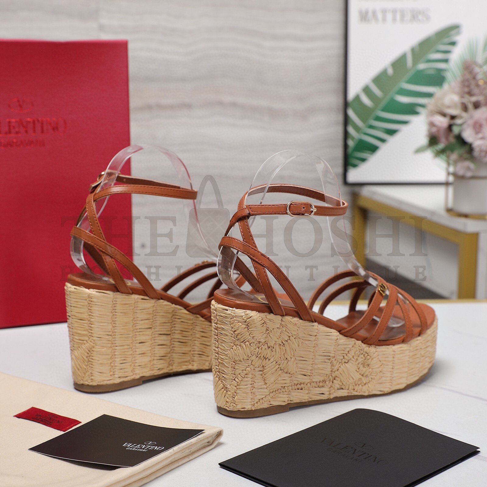 Va1e*ntin0 Raflower Wedge Sandals in Brown Calfskin Master Quality