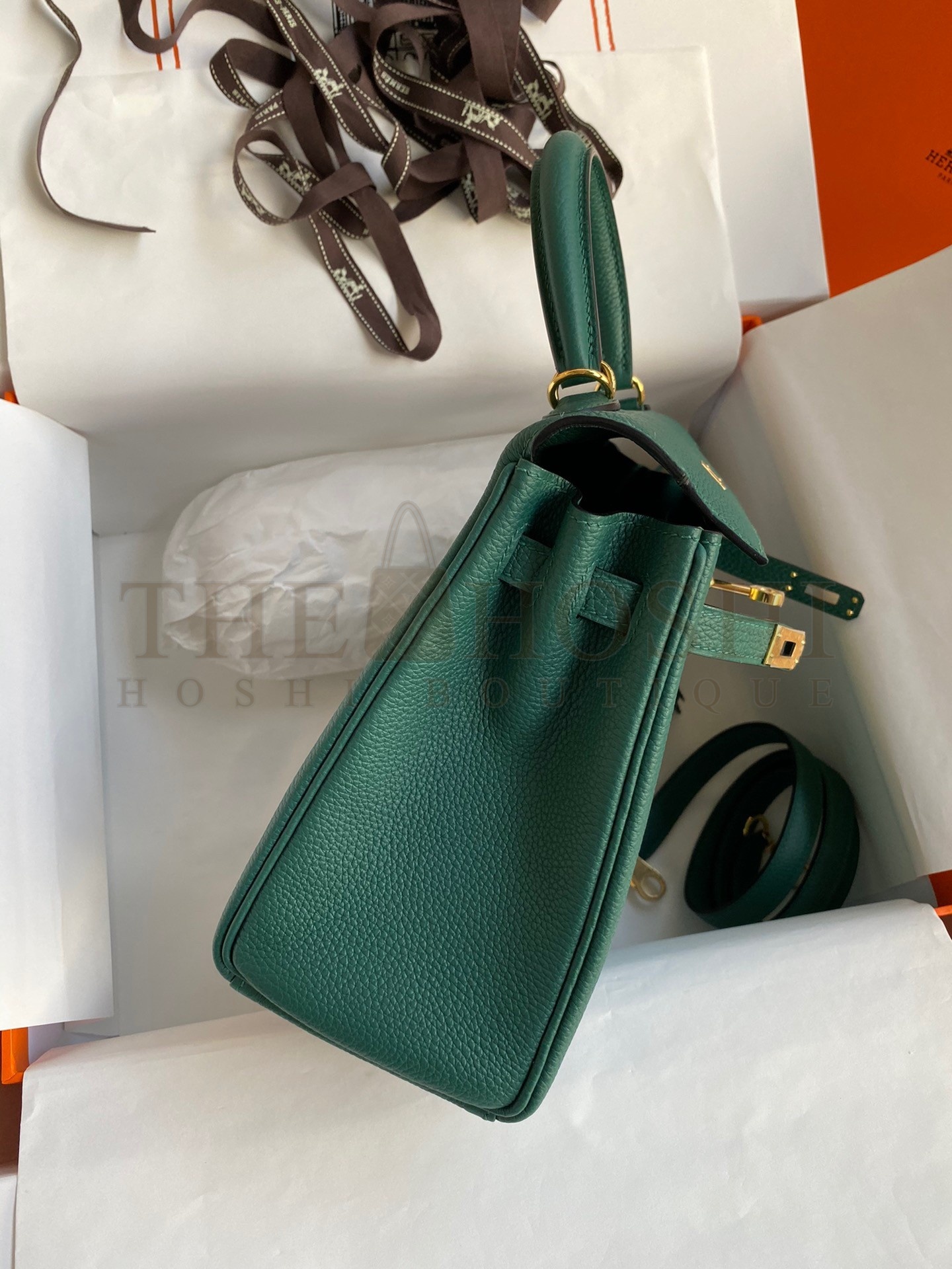 H**me5 Kelly Retourne 25 Handmade Bag In Blue Paon Clemence Leather Master Quality