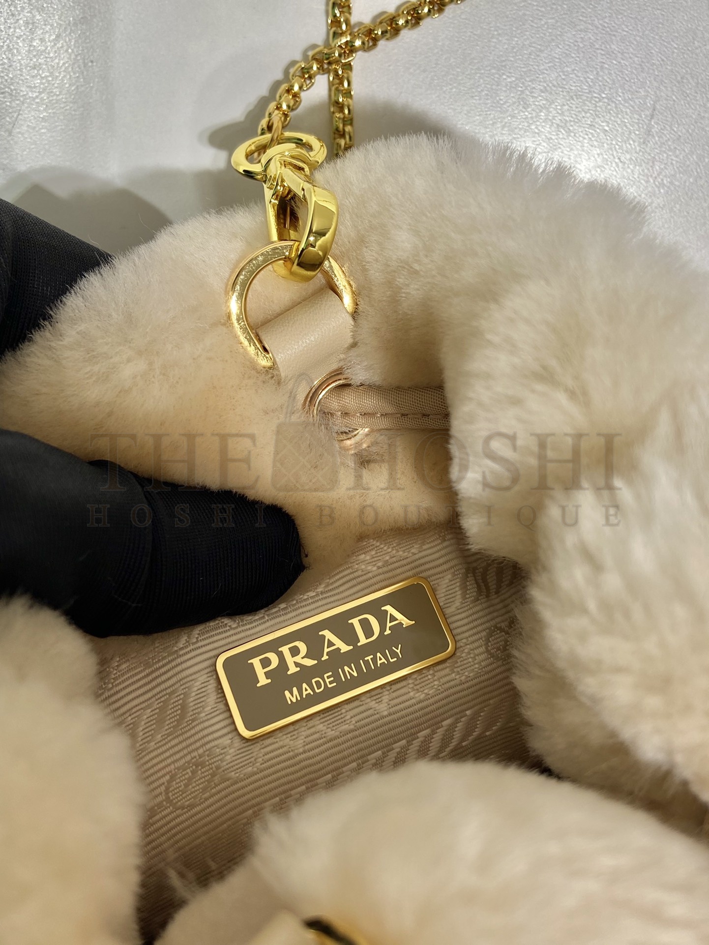 Pra*a Women Sheepskin Mini Pouch-Beige bag 9 x 9.5 x 6 cm Master Quality