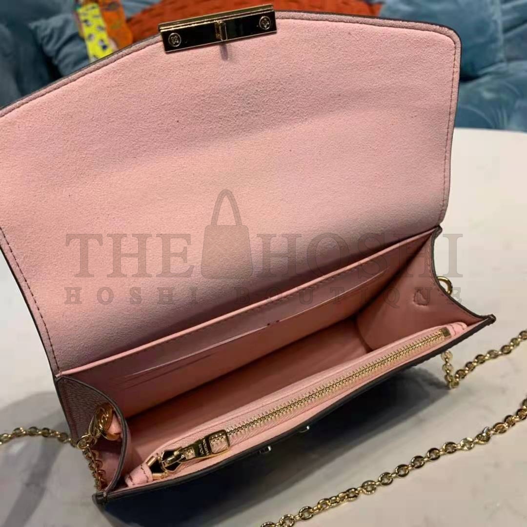 L0vis Vvtt0n LV Women Croisette Chain Wallet Magnolia Pink Damier Ebene Coated Canvas Master Quality