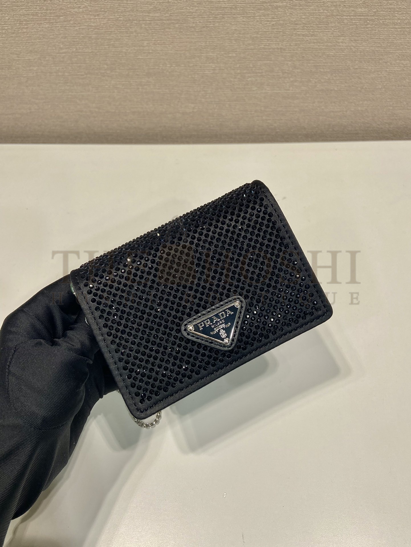 Pra*a Women Cardholder with Shoulder Strap and Crystals-Black Master Quality