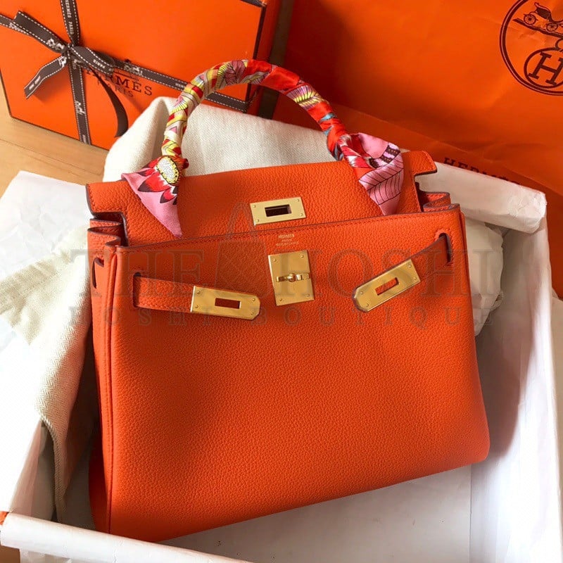 H**me5 Kelly Retourne 28 Handmade Bag In Orange Clemence Leather Master Quality