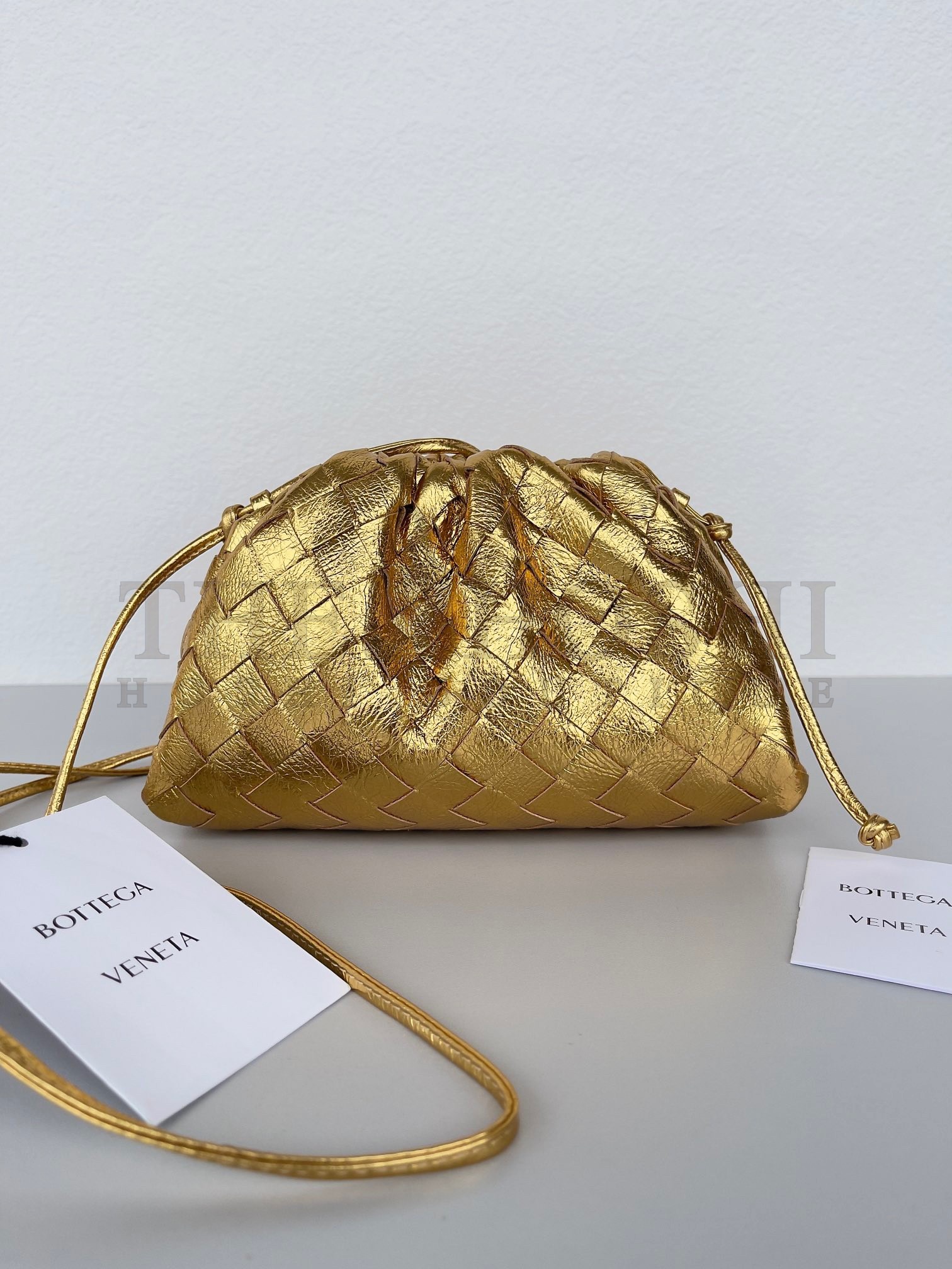 B0tt*ga Ven*ta Mini Pouch with Strap in Gold Metallic Lambskin Master Quality