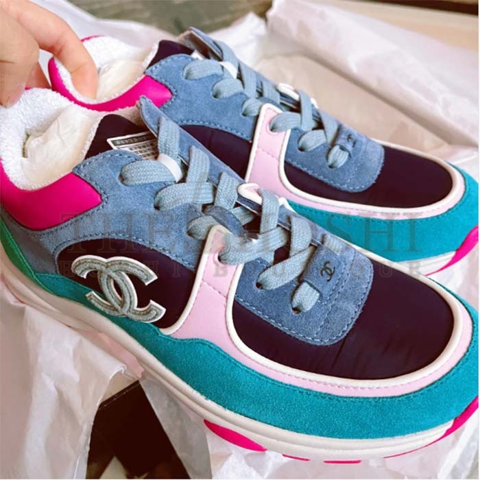 Ch**el Women CC Low Top Logo Sneakers Calfskin Suede Blue Leather Master Quality