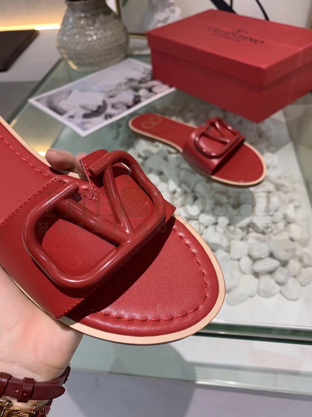 Va1e*ntin0 Vlogo Flat Slide Sandals In Red Calfskin Master Quality