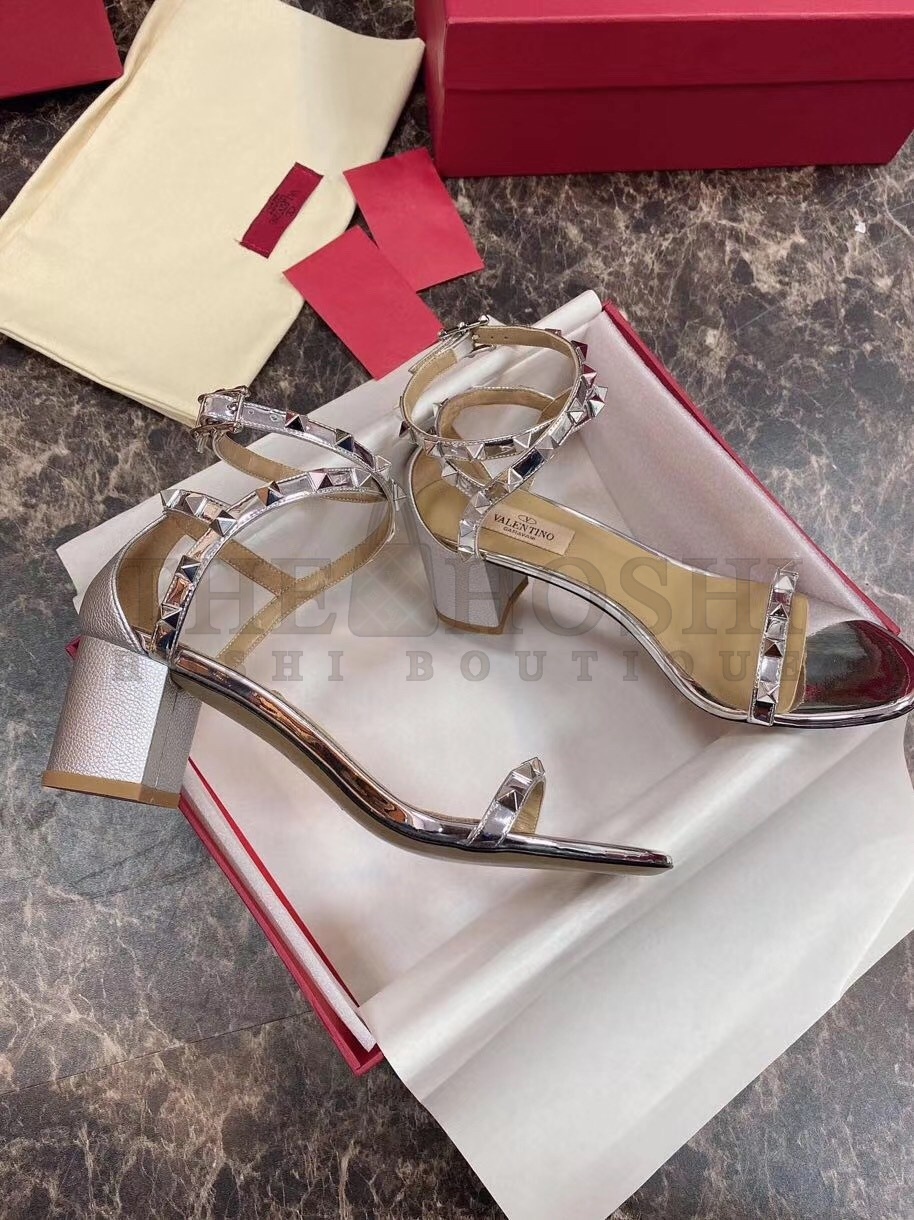 Va1e*ntin0 Rockstud Sandals 60mm In Silver Calfskin Master Quality