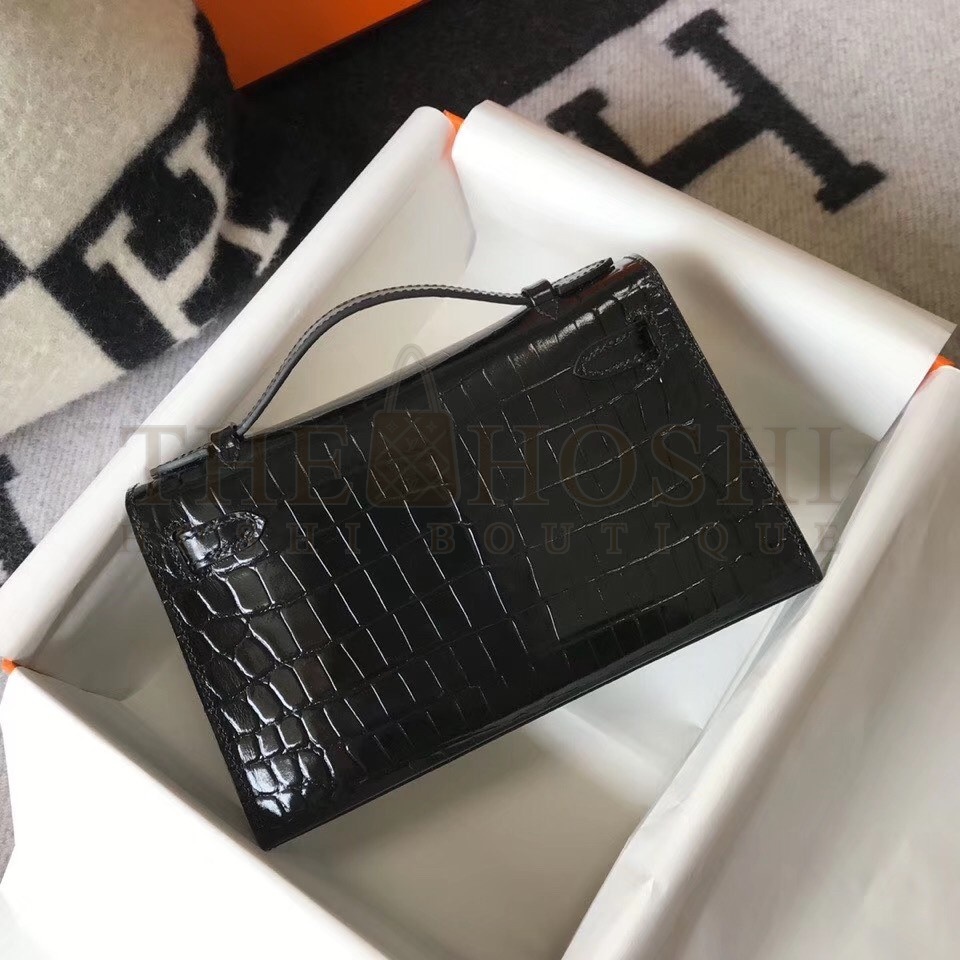 H**me5 Kelly Pochette Bag In Black Embossed Crocodile Leather Master Quality