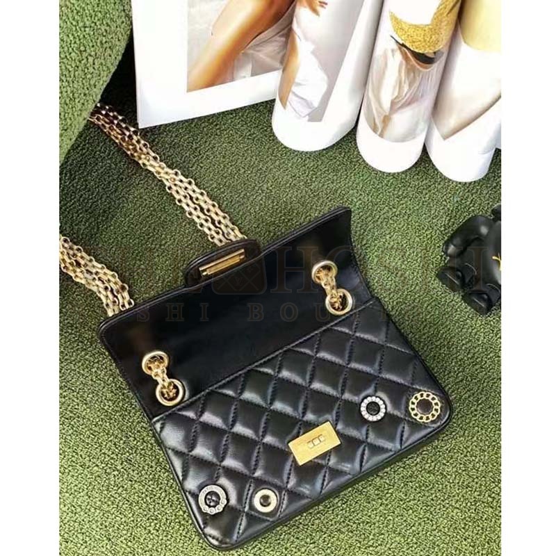 Ch**el Women CC 2.55 Handbag Calfskin Strass Glass Pearls Gold Silver Tone Black Master Quality