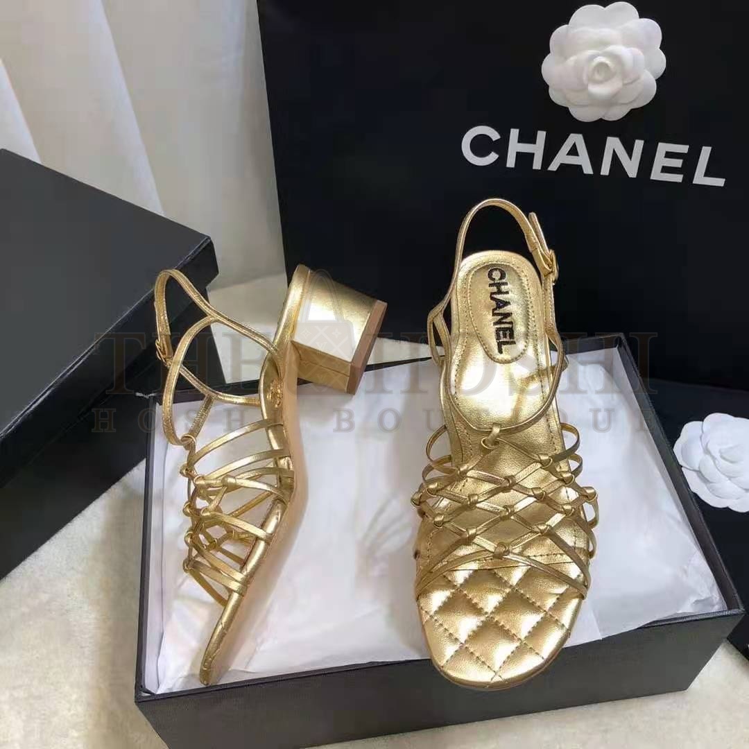Ch**el Women Sandals Laminated Lambskin Gold 5 cm Heel Master Quality