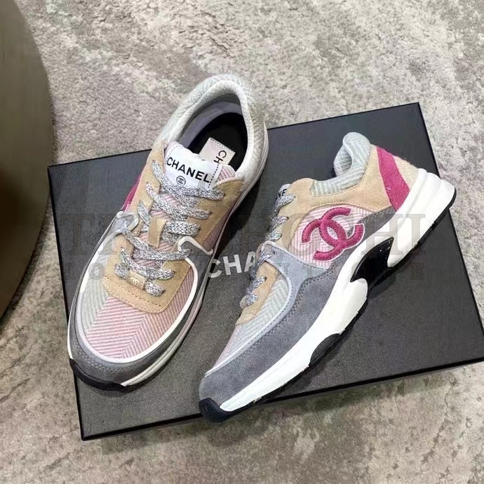 Ch**el Women CC Sneakers Fabric &amp; Suede Calfskin Multicolor 1 Cm Heel Master Quality