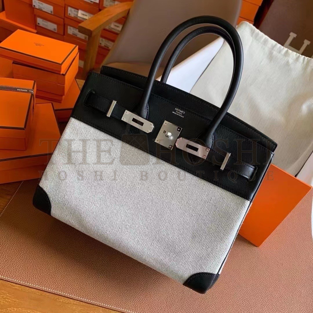 H**me5 Birkin 30 Handmade Bag In Toile &amp; Black Swift Leather Master Quality