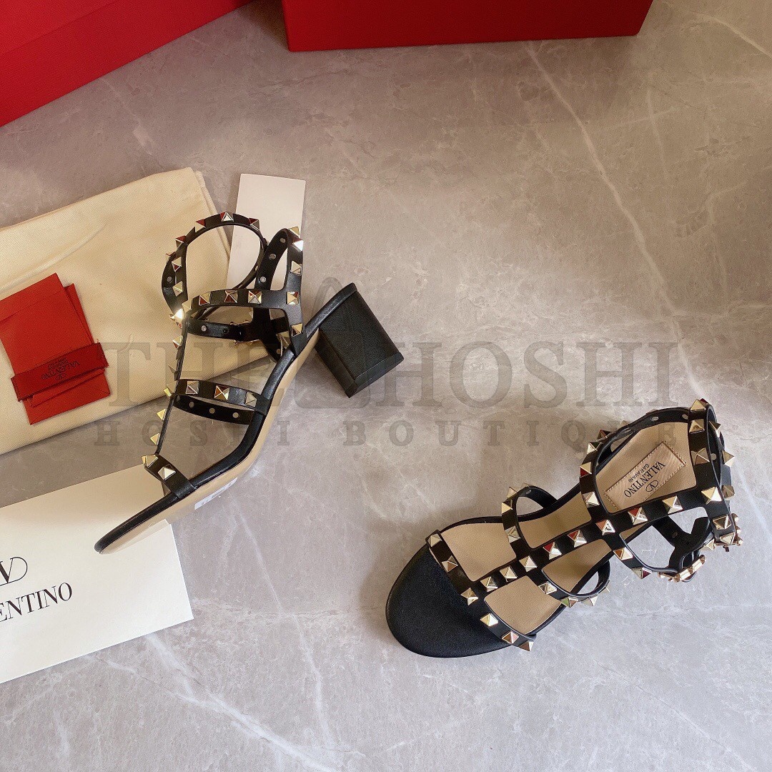 Va1e*ntin0 Rockstud Ankle Strap Sandals 60mm In Black Calfskin Master Quality