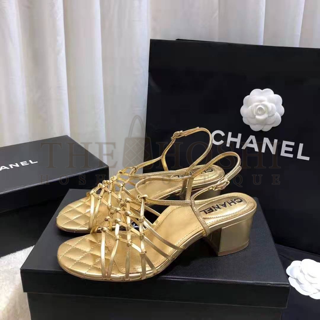 Ch**el Women Sandals Laminated Lambskin Gold 5 cm Heel Master Quality