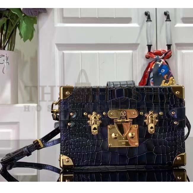 L0vis Vvtt0n LV Women Petite Malle Handbag Saphir Blue Brilliant Niloticus Leather Master Quality