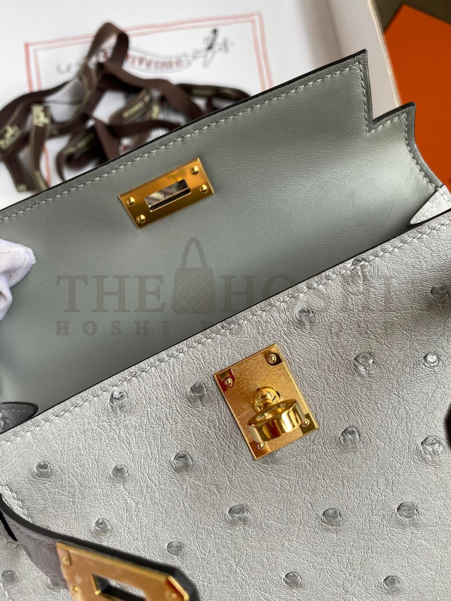 H**me5 Kelly Mini II Sellier Handmade Bag In Bleu Glacier Ostrich Leather Master Quality