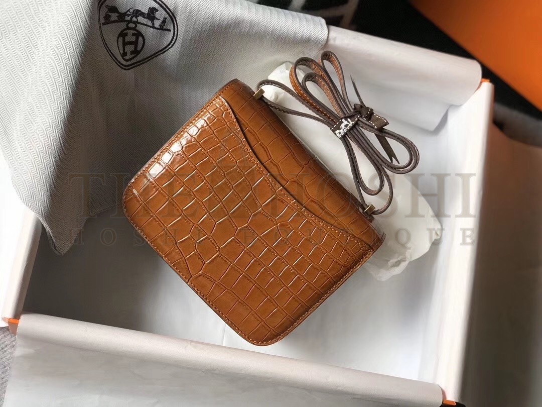H**me5 Constance 18cm Bag In Brown Embossed Crocodile Master Quality