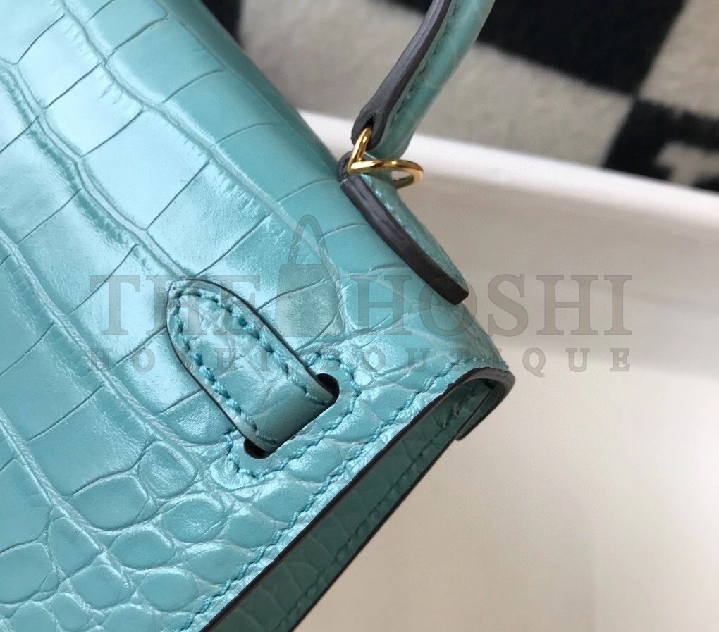 H**me5 Kelly Mini II Bag In Blue Atoll Embossed Crocodile Calfskin Master Quality