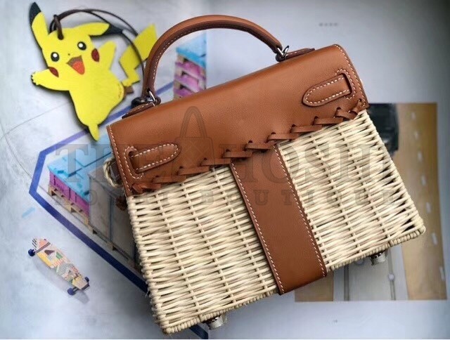 H**me5 Brown Picnic Kelly Mini 20cm Wicker Bag Master Quality