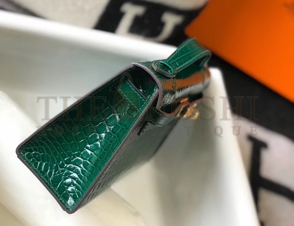 H**me5 Kelly Pochette Bag In Green Embossed Crocodile Leather Master Quality
