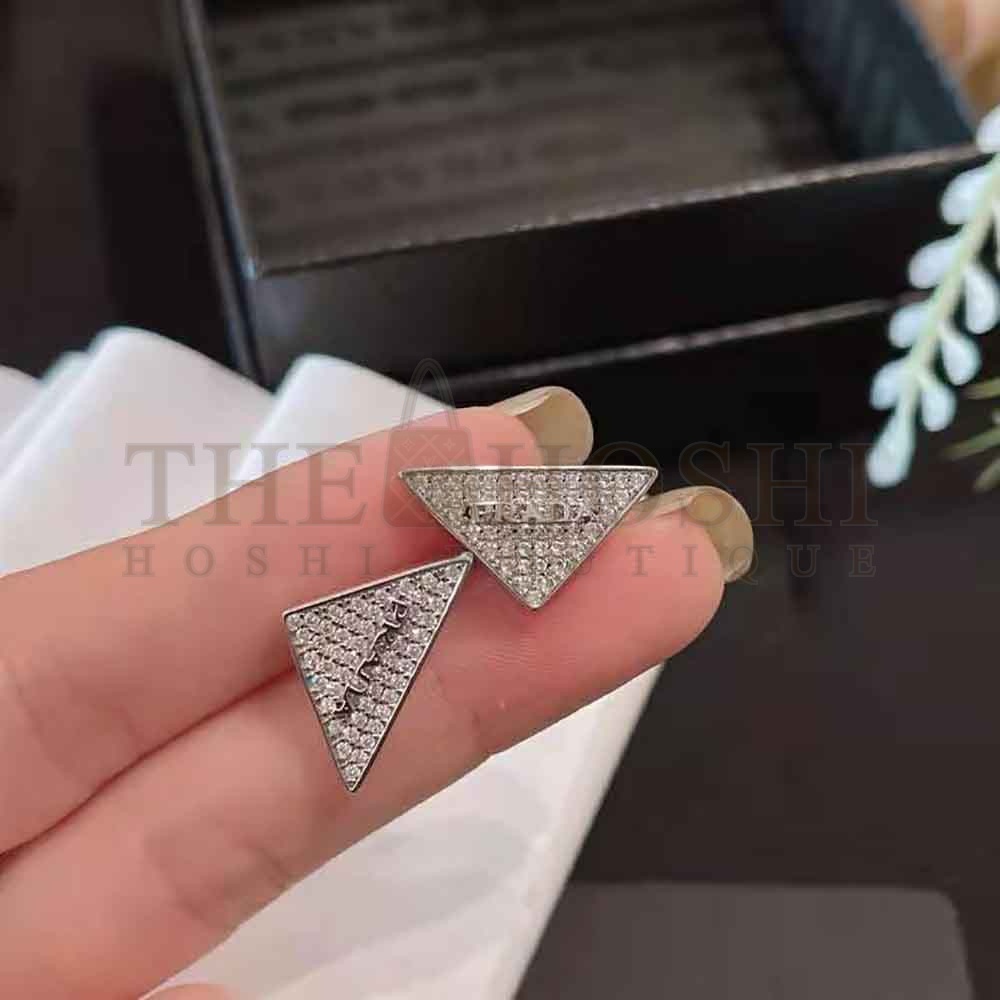 Pra*a Women Crystal Logo Jewels Zirconia Earrings-Silver Master Quality