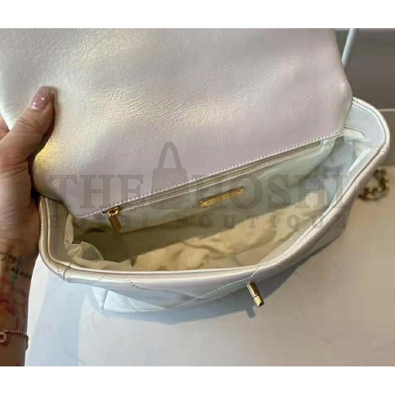 Ch**el Women 19 Large Flap Bag Iridescent Calfskin Gold Silver-Tone &amp; Ruthenium-Finish Metal White Master Quality