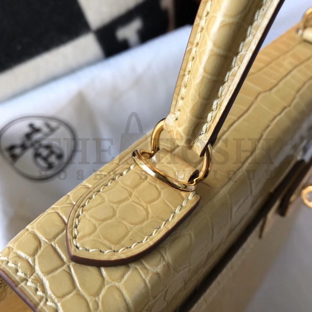 H**me5 Kelly 25cm Bag In Jaune Poussin Embossed Crocodile Master Quality