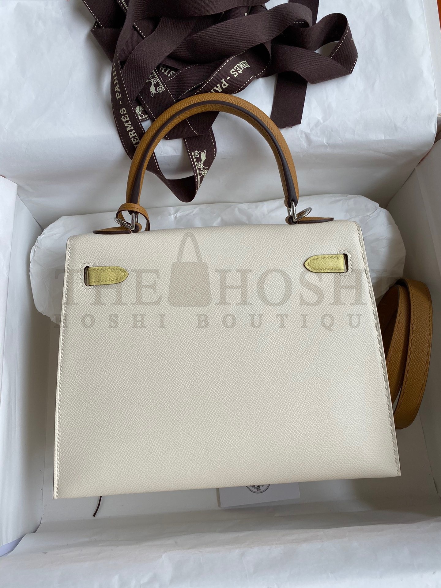 H**me5 Kelly Sellier 25 Tricolor Bag in Craie/Sesame/Yellow Epsom Calfskin Master Quality