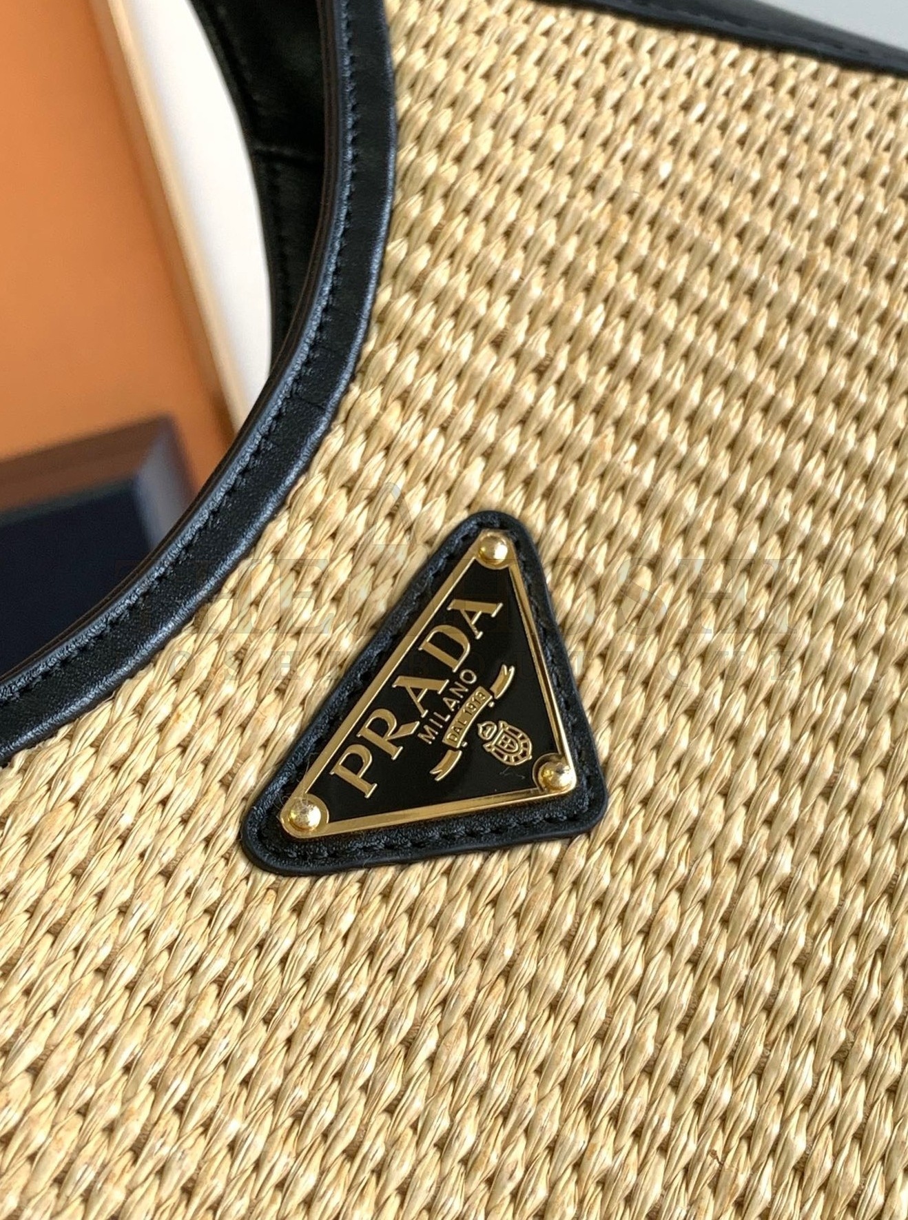 Pra*a Shoulder Bag in Woven Straw and Black Leather Master Quality