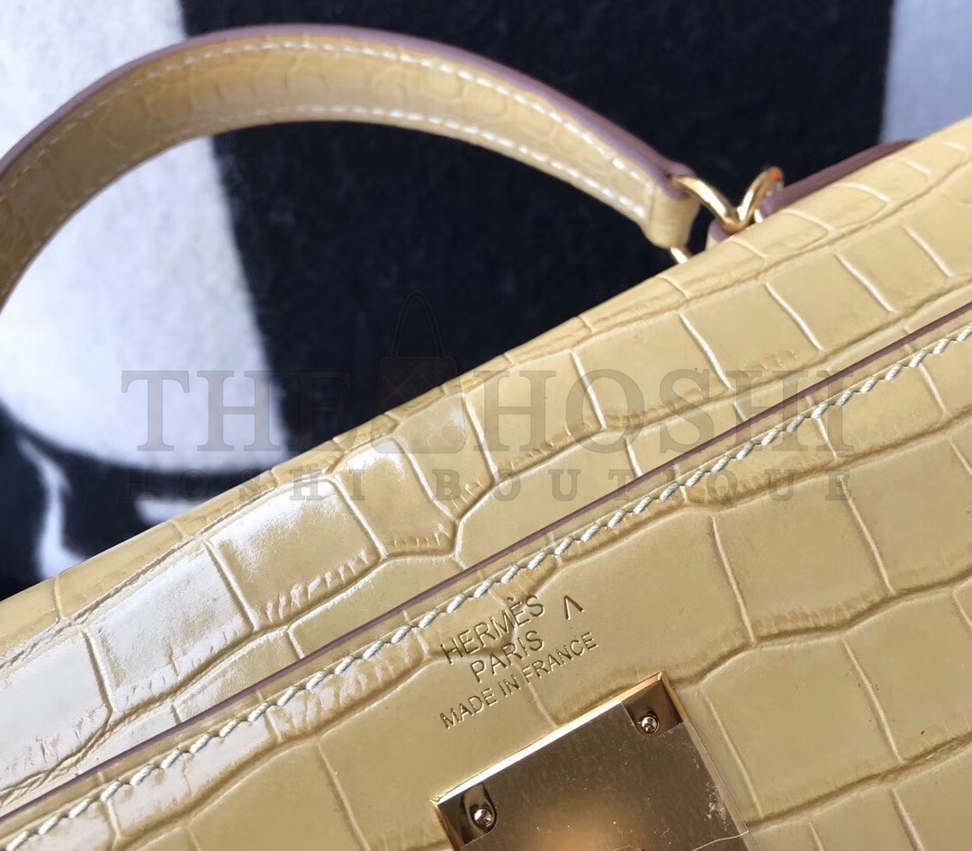 H**me5 Kelly 25cm Bag In Jaune Poussin Embossed Crocodile Master Quality