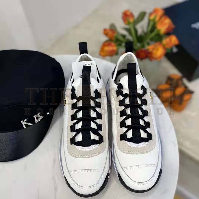 Ch**el Women Sneakers Suede Calfskin Nylon &amp; Grosgrain White Gray &amp; Yellow Master Quality