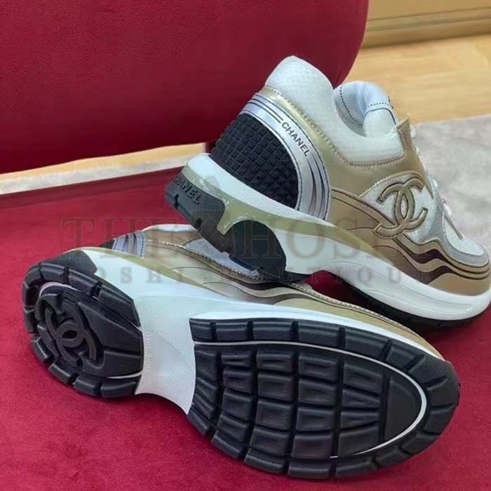 Ch**el trainer shoes Women CC Sneakers Fabric Laminated White Gold Silver Master Quality