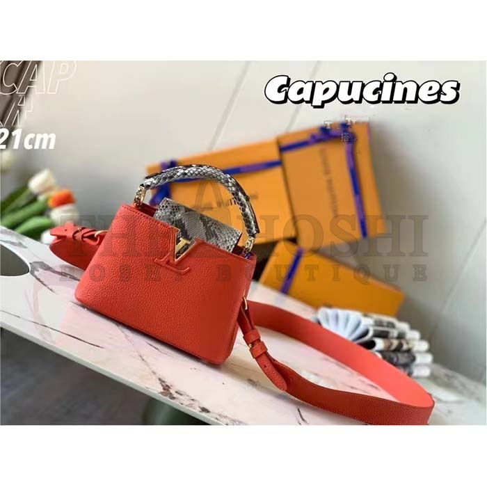 L0vis Vvtt0n LV Women Capucines Mini Handbag Orange Taurillon Leather Python Skin Master Quality
