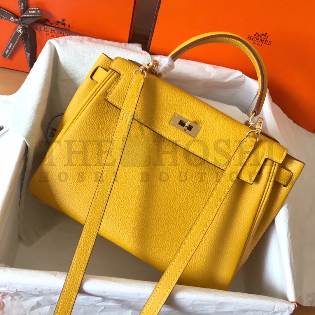 H**me5 Kelly Retourne 28 Handmade Bag In Jaune Ambre Clemence Leather Master Quality