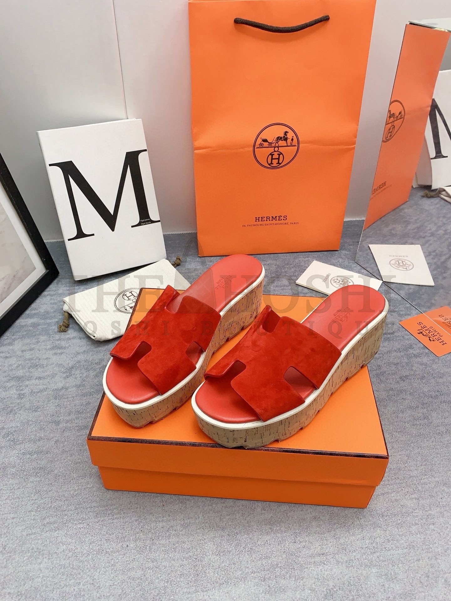 H**me5 Eze 30 Cork Platform Sandals in Piment Suede Leather Master Quality