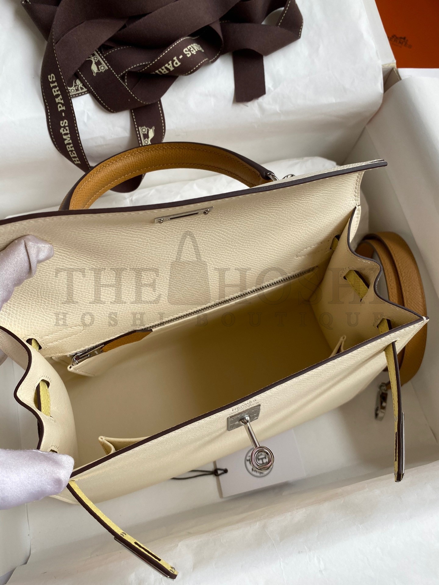 H**me5 Kelly Sellier 25 Tricolor Bag in Craie/Sesame/Yellow Epsom Calfskin Master Quality