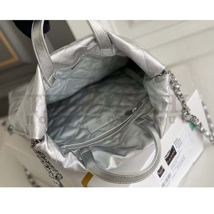 Ch**el Women CC Large Back Pack Ch**el 22 Handbag Metallic Calfskin Silver-Tone Metal Master Quality