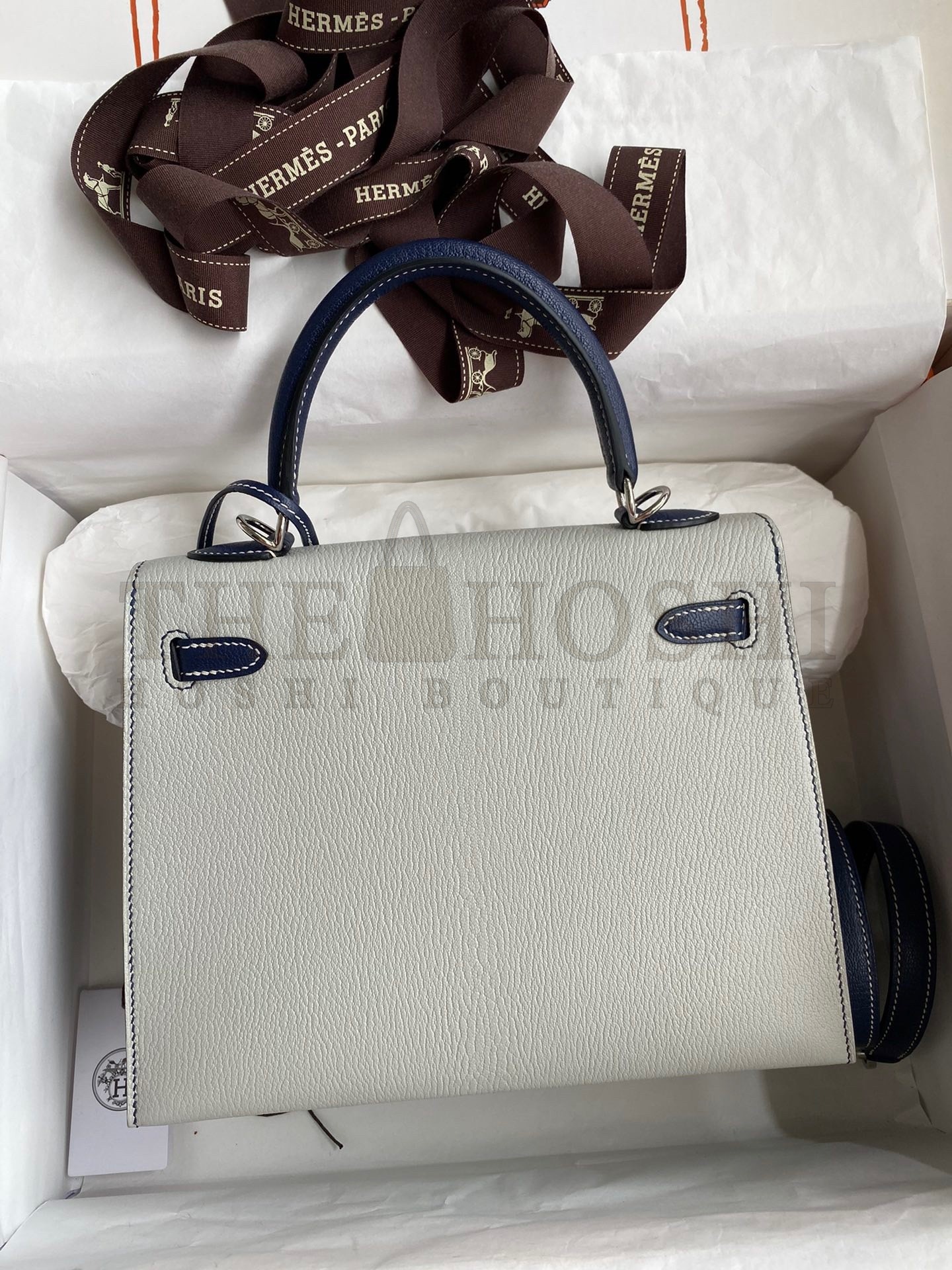 H**me5 Kelly Sellier 25 Bicolor Bag in Pearl Grey and Blue Mysore Goatskin Master Quality
