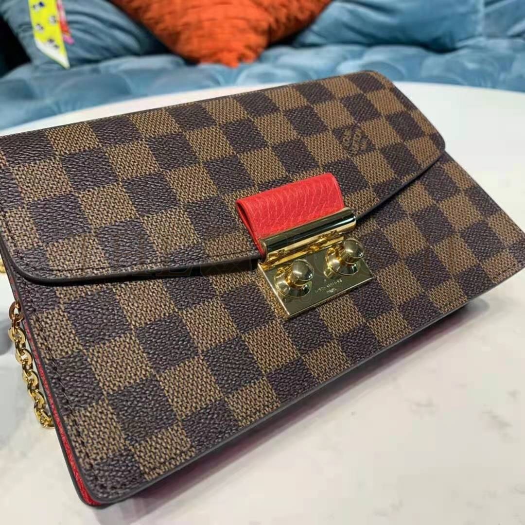 L0vis Vvtt0n LV Women Croisette Chain Wallet Scarlet Red Damier Ebene Coated Canvas Master Quality