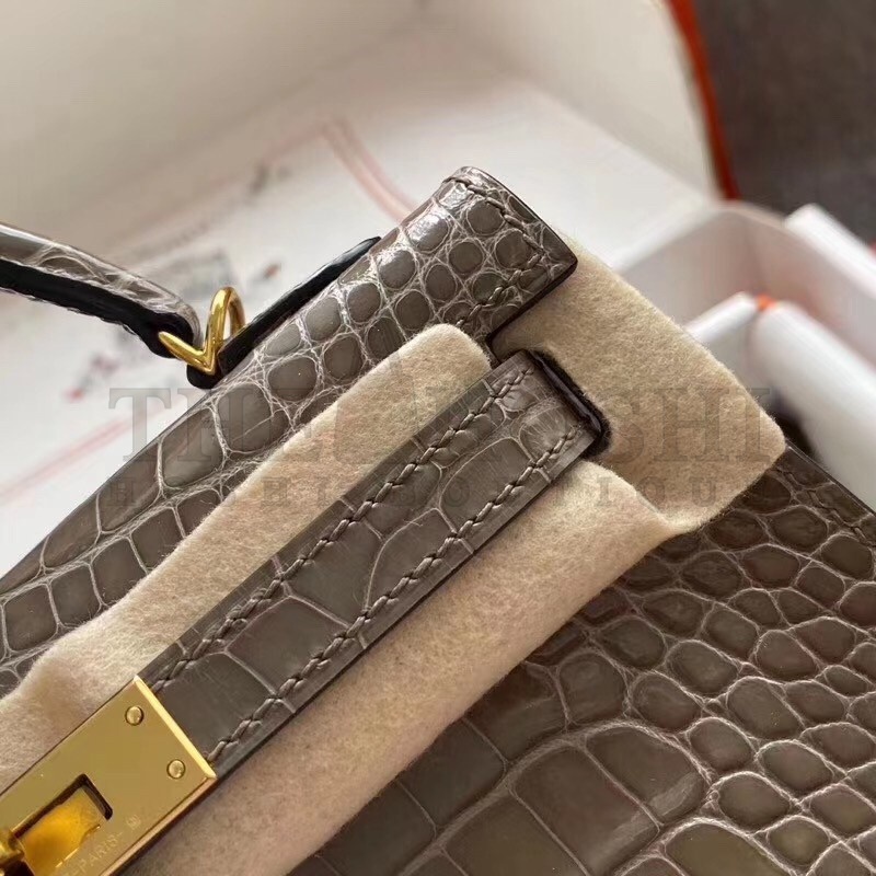 H**me5 Taupe Grey Alligator Crocodile Kelly Mini II Handmade Bag Master Quality