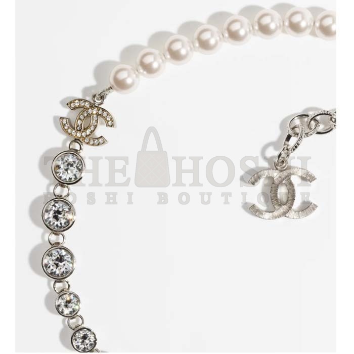 Ch**el Women CC Necklace Metal Glass Pearls Strass Silver Pearly White Crystal Master Quality