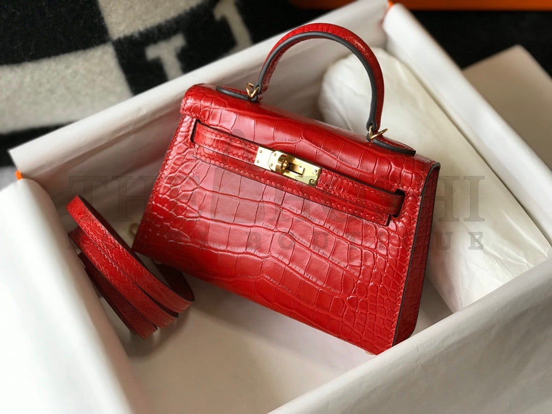 H**me5 Kelly Mini II Sellier Bag In Red Crocodile Embossed Leather Master Quality